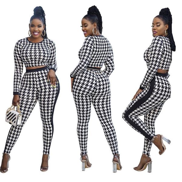 women's two piece pants autumn streetwear houndstooth set long sleeve crop tracksuit fitness outfits, White
women's two piece pants autumn streetwear houndstooth set long sleeve crop tracksuit fitness outfits, White