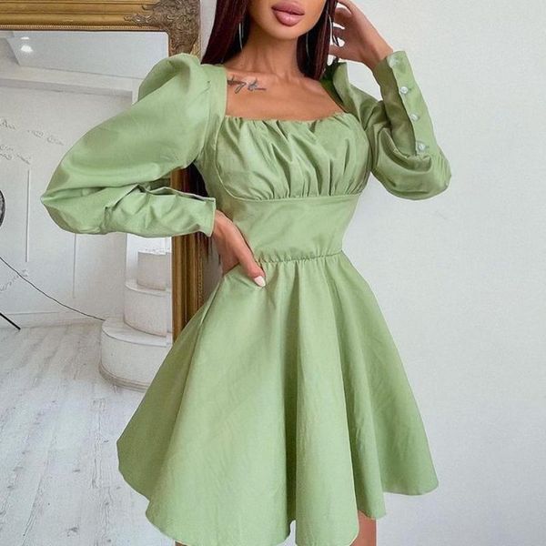 casual dresses 2021 early autumn women's dress square neck fashion temperament street skirt with thin waist solid color women clothes, Black;gray
casual dresses 2021 early autumn women's dress square neck fashion temperament street skirt with thin waist solid color women clothes, Black;gray