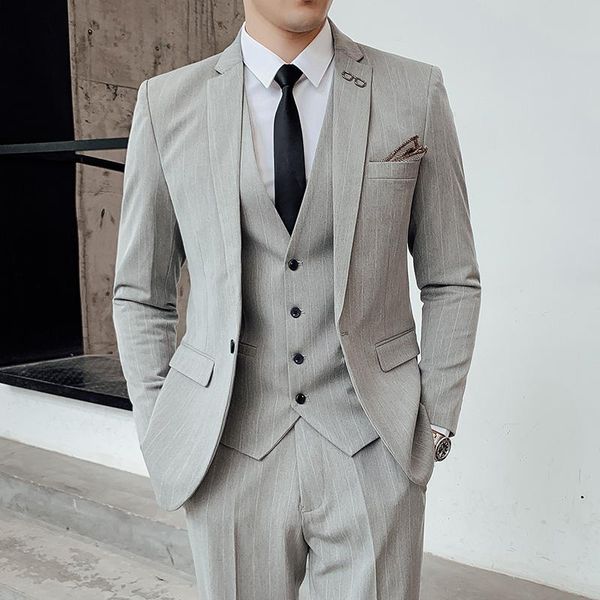 men's suits & blazers jacket pants vest 3 pcs set / 2021 fashion men's casual boutique business striped slim fit suit coat trousers, White;black
men's suits & blazers jacket pants vest 3 pcs set / 2021 fashion men's casual boutique business striped slim fit suit coat trousers, White;black