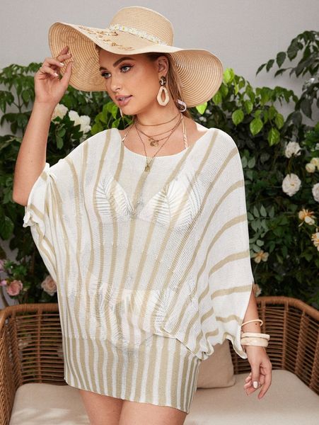 plus striped knitted cover up g1ps#, Black
