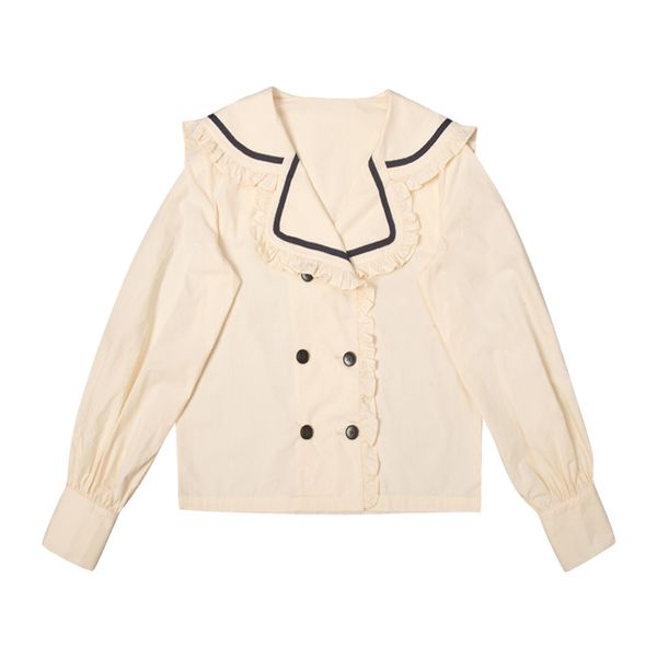 women beige sailor collar button lantern sleeve long shirt loose b0681 210514, White
women beige sailor collar button lantern sleeve long shirt loose b0681 210514, White