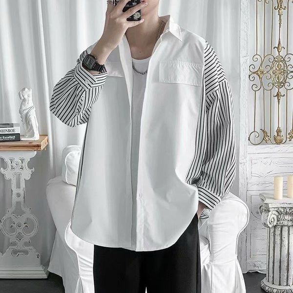men's casual shirts men autumn striped printed stitching design long-sleeved shirt coats man handsome loose wild oversize clothes, White;black
men's casual shirts men autumn striped printed stitching design long-sleeved shirt coats man handsome loose wild oversize clothes, White;black