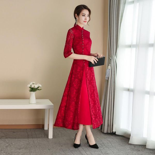 improved cheongsam fit four seasons stand collar nail bead five point sleeve lace hollowing out medium length elegant dress ethnic clothing, Red
improved cheongsam fit four seasons stand collar nail bead five point sleeve lace hollowing out medium length elegant dress ethnic clothing, Red