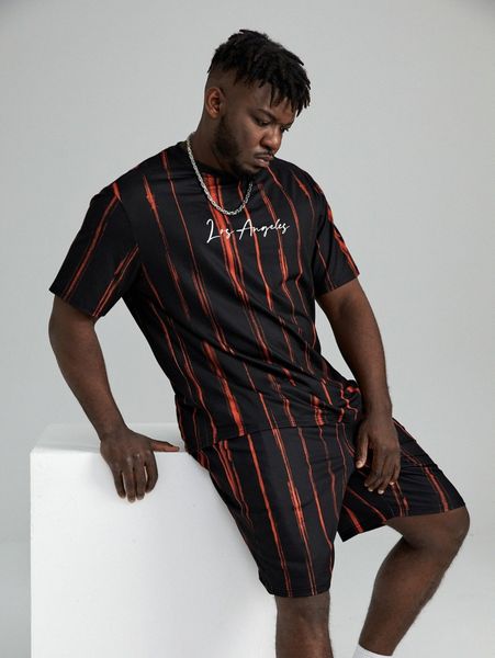 extended sizes men striped & letter graphic tee & shorts r2vu#, Gray
extended sizes men striped & letter graphic tee & shorts r2vu#, Gray