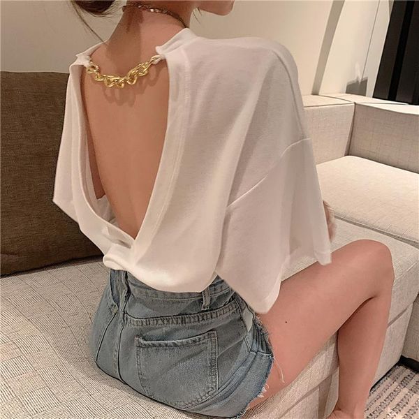 women's t-shirt 2021 fashion spring backless loose short sleeve chain tshirt hollow big open back casual temperament women clothes, White
women's t-shirt 2021 fashion spring backless loose short sleeve chain tshirt hollow big open back casual temperament women clothes, White