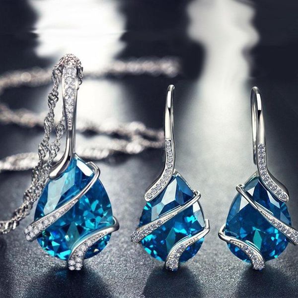 earrings & necklace water drop sharp setting cubic zirconia set sea blue color party jewelry sets for women, Silver 
earrings & necklace water drop sharp setting cubic zirconia set sea blue color party jewelry sets for women, Silver