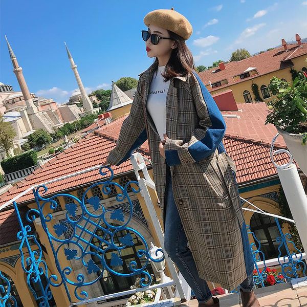 women's trench coats cowboy hit colors spliced windbreaker 2021 fall style loose knee overcoat adjustable waist belt women patchwork, Tan;black
women's trench coats cowboy hit colors spliced windbreaker 2021 fall style loose knee overcoat adjustable waist belt women patchwork, Tan;black