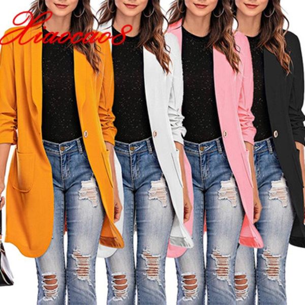 women's suits & blazers fashion single button long blazer women three quarter v neck jacket oversize solid loose femme coat, White;black
women's suits & blazers fashion single button long blazer women three quarter v neck jacket oversize solid loose femme coat, White;black