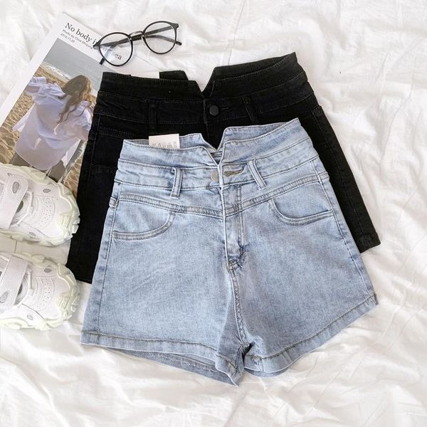 women's shorts double-waisted small split design retro light blue summer loose all-match denim, White;black
women's shorts double-waisted small split design retro light blue summer loose all-match denim, White;black