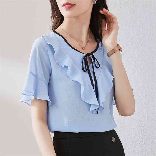 women spring summer style chiffon blouses shirts lady casual short lotus sleeve bow tie collar the 210507, White
women spring summer style chiffon blouses shirts lady casual short lotus sleeve bow tie collar the 210507, White