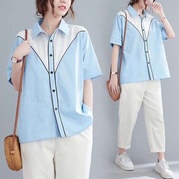 women's blouses & shirts hong kong style short sleeve shirt loose size wear design sense contrast color stitching casual top, White
women's blouses & shirts hong kong style short sleeve shirt loose size wear design sense contrast color stitching casual top, White