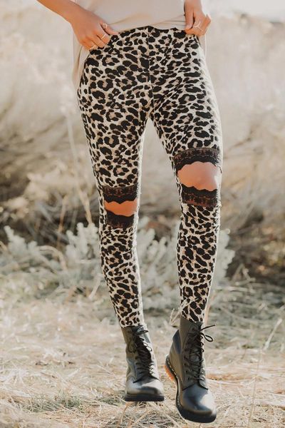 women's leggings floral hollow out brown leopard printed skinny, Black
women's leggings floral hollow out brown leopard printed skinny, Black