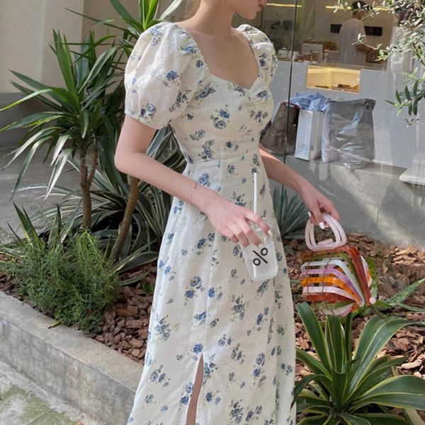 casual dresses v-neck women midi dress 2021 summer puff sleeve slim waist robe ladies sweet floral split pleated long vestidos, Black;gray