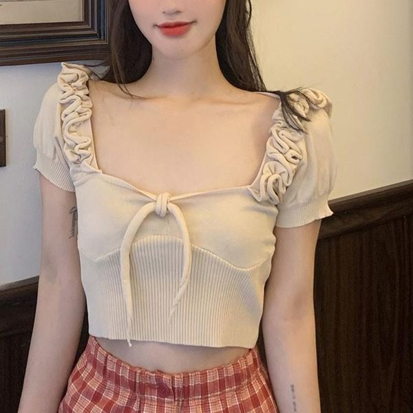 women short sleeve knitted t-shirts female square collar sweet slim t-shirt pullover women's, White
women short sleeve knitted t-shirts female square collar sweet slim t-shirt pullover women's, White