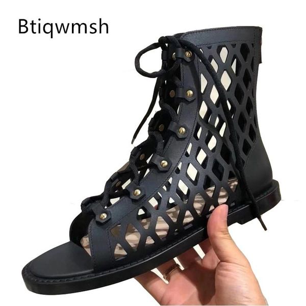 boots est hollow ankle women open toe lace up flat shoes woman summer gladiator sandals, Black