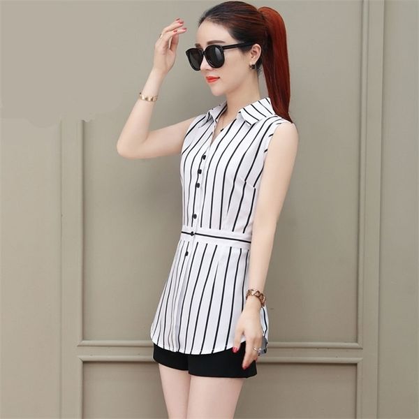women spring summer long style chiffon blouses shirts lady casual sleeveless striped turn-down collar blusas df1927 210323, White
women spring summer long style chiffon blouses shirts lady casual sleeveless striped turn-down collar blusas df1927 210323, White