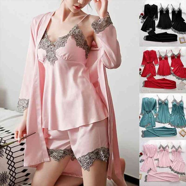5pcs set silk robe sleep suit womens lace satin pajamas gown set v-neck cami nighties wear pijama home nightwear nightdress, Black;red
5pcs set silk robe sleep suit womens lace satin pajamas gown set v-neck cami nighties wear pijama home nightwear nightdress, Black;red
