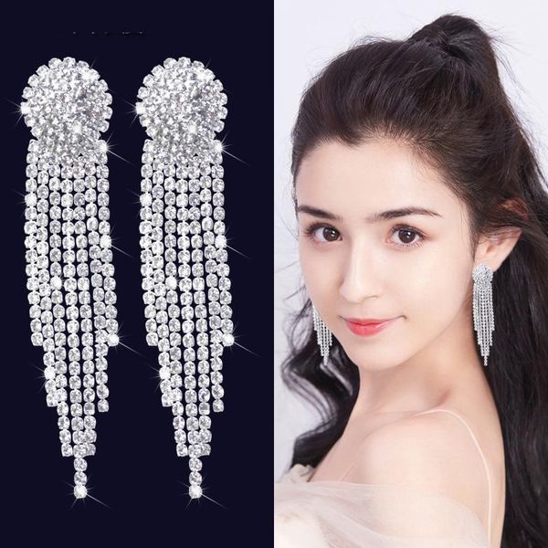 stud 2022 korean fashion earrings female bride temperament long tassel studded ear clip without holes., Golden;silver
stud 2022 korean fashion earrings female bride temperament long tassel studded ear clip without holes., Golden;silver