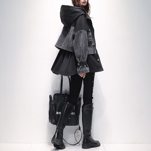 women's trench coats spring female coat long slim nice splicing denim clothes for autumn jacket korean hooded suit, Tan;black
women's trench coats spring female coat long slim nice splicing denim clothes for autumn jacket korean hooded suit, Tan;black