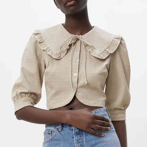 za summer women blouse plaid printed half sleeve shirt office lady female loose thin single breasted 210422, White
za summer women blouse plaid printed half sleeve shirt office lady female loose thin single breasted 210422, White