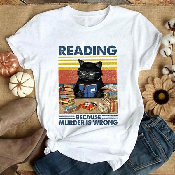 women's t-shirt vintage style black cat t shirt reading because murder is wrong funny book lovers graphic cotton tees, White
women's t-shirt vintage style black cat t shirt reading because murder is wrong funny book lovers graphic cotton tees, White