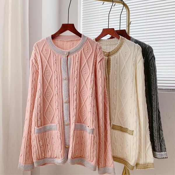 women's knits & tees 2021 autumn cardigans o-neck pearl beading knitted women long sleeve single button loose sweater female, White
women's knits & tees 2021 autumn cardigans o-neck pearl beading knitted women long sleeve single button loose sweater female, White