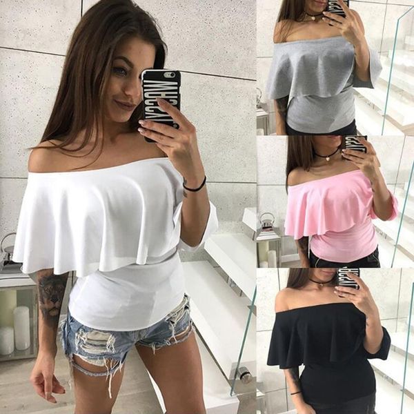 slash neck summer womens short sleeve loose casual off shoulder ruffles, White
slash neck summer womens short sleeve loose casual off shoulder ruffles, White