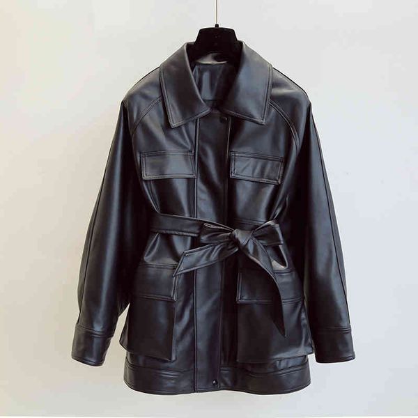 women black slim pu coats faux leather jackets vintage motor biker elegant tie belt waist pockets buttons 210513
women black slim pu coats faux leather jackets vintage motor biker elegant tie belt waist pockets buttons 210513