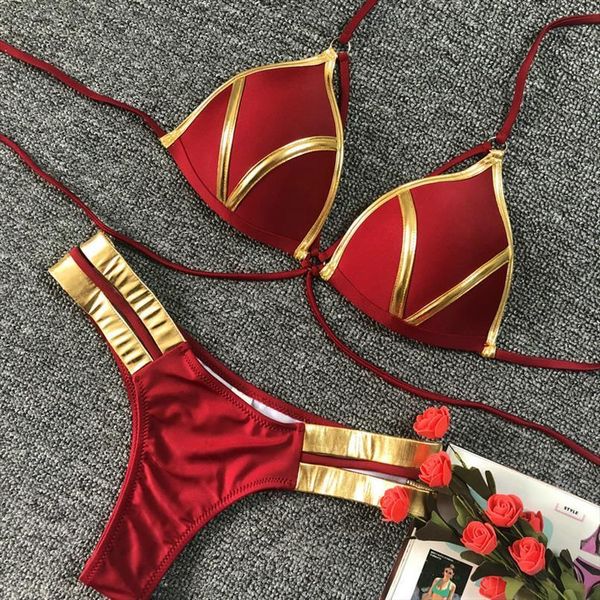 Sexy Bikini Red Push Up Women Swimsuit Halter Biquini Padded Bathing Suit Gold Stamping Brazilian Set Thong, White;black
Sexy Bikini Red Push Up Women Swimsuit Halter Biquini Padded Bathing Suit Gold Stamping Brazilian Set Thong, White;black
