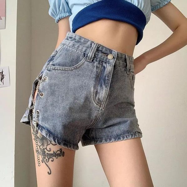 women's short jeans hanging chain designer high waist loose denim shorts y2k streetwear slim pants female 2021, Blue 
women's short jeans hanging chain designer high waist loose denim shorts y2k streetwear slim pants female 2021, Blue
