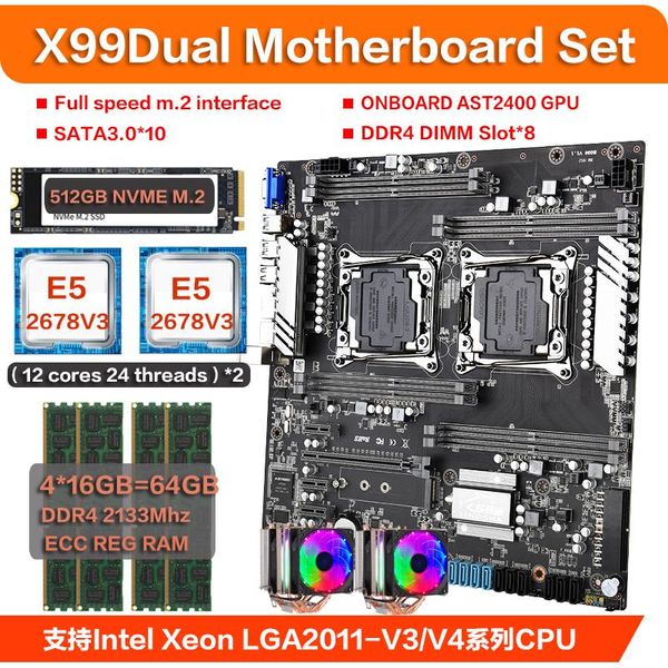 motherboards x99 dual motherboard set with 2pcs xeon e5 2678v3 six-core processor 4*16gb ddr4 2133mhz ecc reg ram cooler 512gb m.2 ssd
motherboards x99 dual motherboard set with 2pcs xeon e5 2678v3 six-core processor 4*16gb ddr4 2133mhz ecc reg ram cooler 512gb m.2 ssd