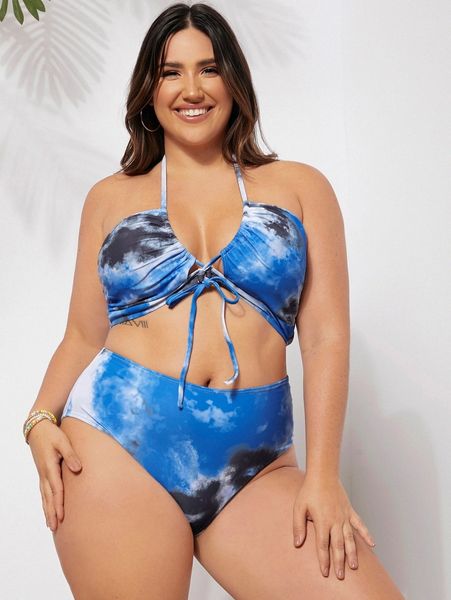 plus tie dye knot front halter bikini swimsuit l3dd#, Black