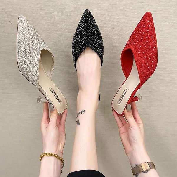 female shoes ladies' slippers med luxury slides pointed toe thin heels 2021 designer soft cotton fabric fashion rome pu sl, Black
female shoes ladies' slippers med luxury slides pointed toe thin heels 2021 designer soft cotton fabric fashion rome pu sl, Black