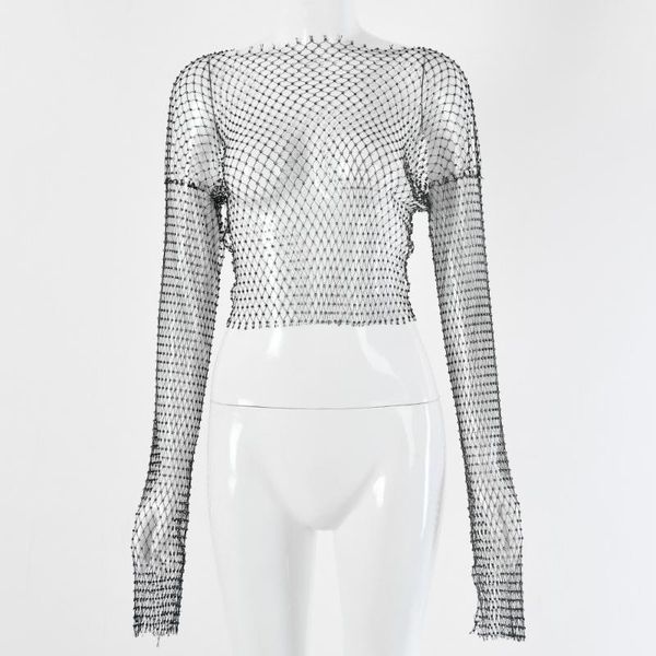 women's t-shirt women hollow long sleeve bodycon ladies black diamonds party mesh short styles navel, White
women's t-shirt women hollow long sleeve bodycon ladies black diamonds party mesh short styles navel, White