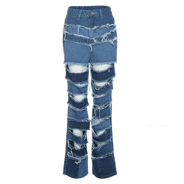 women's ripped jeans casual mid waist zipper full length flare pants fashion high street summer trousers, Blue
women's ripped jeans casual mid waist zipper full length flare pants fashion high street summer trousers, Blue