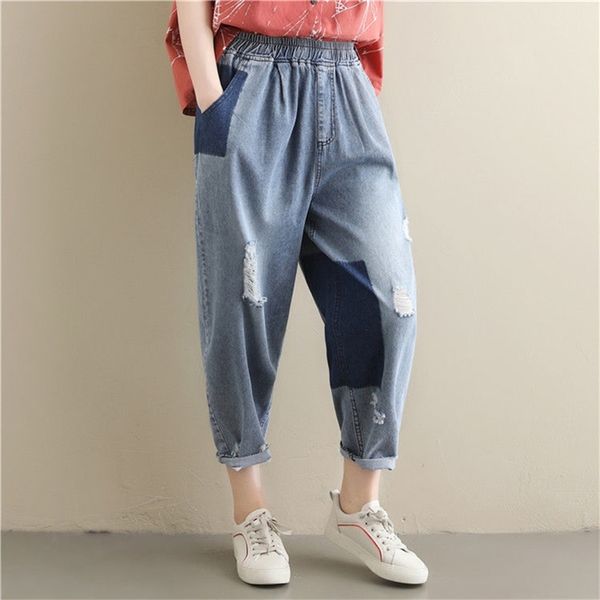 summer arts style women elastic waist loose vintage ripped jeans cotton denim casual ankle-length harem pants plus size s939 210512, Blue
summer arts style women elastic waist loose vintage ripped jeans cotton denim casual ankle-length harem pants plus size s939 210512, Blue