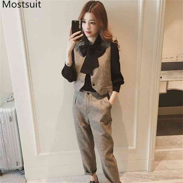 spring office fashion 3 piece sets women black bow shirt + vest pants suits korean ol style workwear female 3 pcs 210513, White
spring office fashion 3 piece sets women black bow shirt + vest pants suits korean ol style workwear female 3 pcs 210513, White