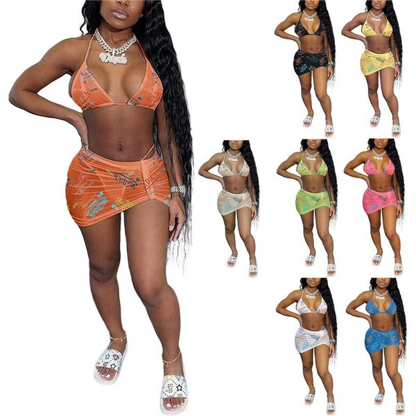 women's swimwear 2021 three piece bikini suits letter print halter and skinny skirt with thong swimming costume for women set, White;black
women's swimwear 2021 three piece bikini suits letter print halter and skinny skirt with thong swimming costume for women set, White;black