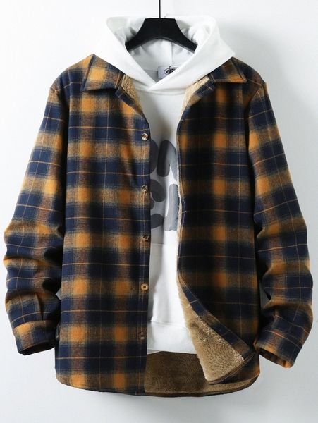 men plaid print teddy lined tweed overcoat without hoodie a5g2#, Black;brown
men plaid print teddy lined tweed overcoat without hoodie a5g2#, Black;brown
