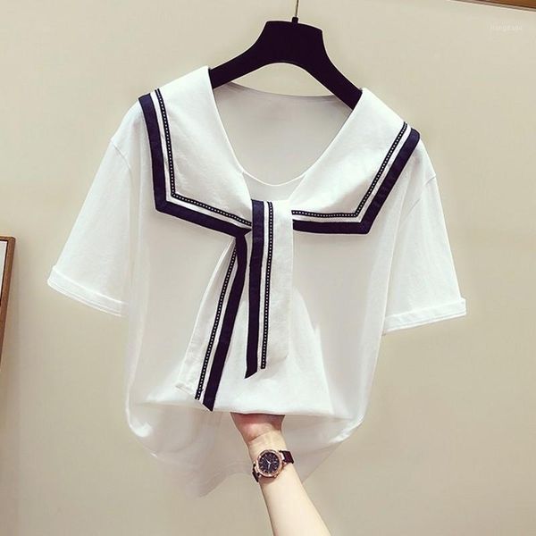 women 2021 summer fashion short-sleeved t-shirt female solid color bow blouses ladies sailor collar loose shirts n217 women's &, White
women 2021 summer fashion short-sleeved t-shirt female solid color bow blouses ladies sailor collar loose shirts n217 women's &, White