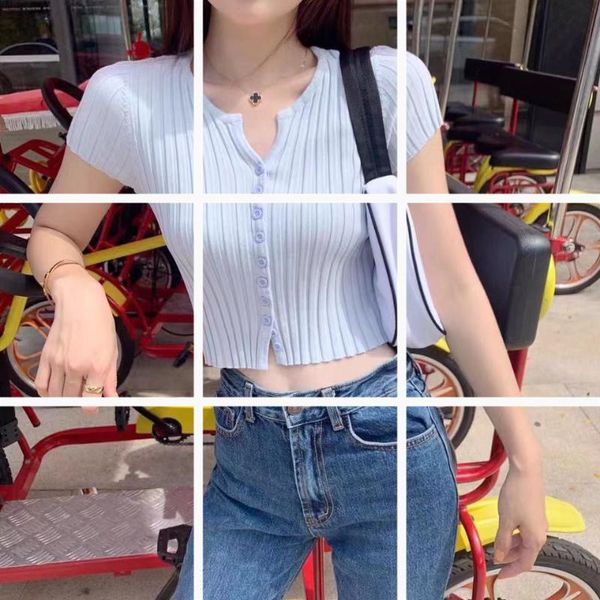 women's t-shirt thin knitted cardigan solid color crop 2021 summer casual short sleeve v neck women slim sweet t shirt, White
women's t-shirt thin knitted cardigan solid color crop 2021 summer casual short sleeve v neck women slim sweet t shirt, White