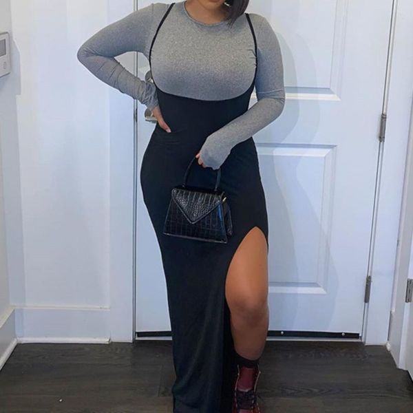 women solid color dress fall long elegant spaghetti strap sleeveless dresses high split party vestido casual, Black;gray
women solid color dress fall long elegant spaghetti strap sleeveless dresses high split party vestido casual, Black;gray