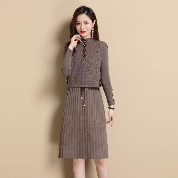 #1021 sweater dress women long sleeved o neck buttons two piece set pleated knitted dresses slim drawstring waist autumn casual, Black;gray
#1021 sweater dress women long sleeved o neck buttons two piece set pleated knitted dresses slim drawstring waist autumn casual, Black;gray