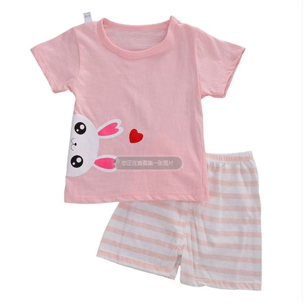 1-4 years girls summer outfits cute rabbit print short sleeve pink t shirt short pants girls suit casual breathable cotton set, White