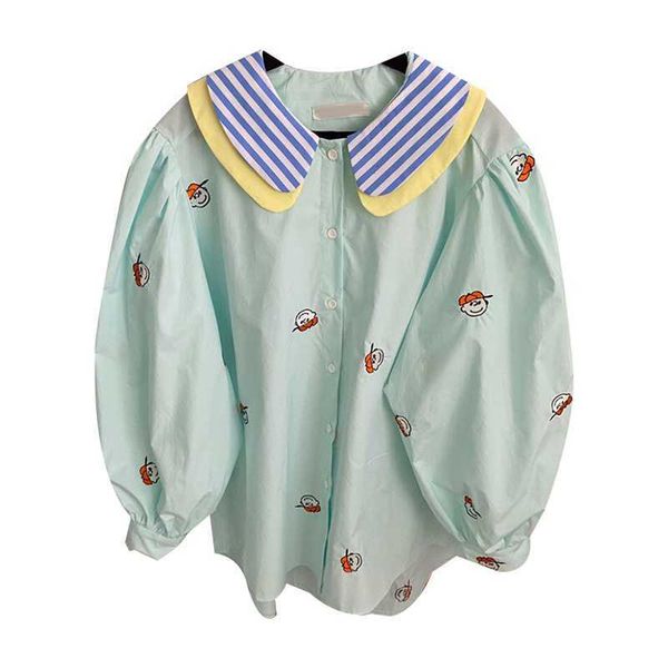 cartoon embroidery casual shirt women summer puff sleeve striped peter pan collar female sweet style basic 210526, White
cartoon embroidery casual shirt women summer puff sleeve striped peter pan collar female sweet style basic 210526, White