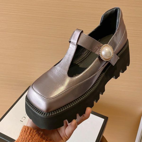 women spring high platform handmade genuine leather thick sole square toe slip on shoes british style pearl decor women's dress, Black
women spring high platform handmade genuine leather thick sole square toe slip on shoes british style pearl decor women's dress, Black