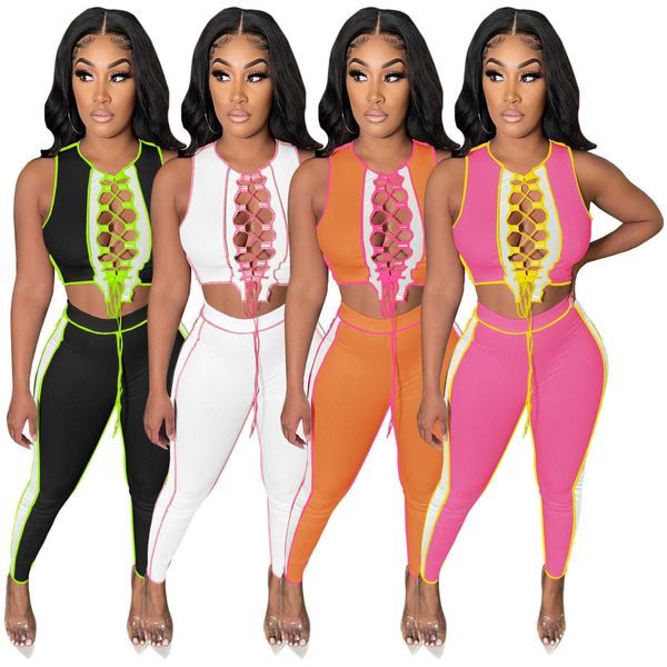 summer women tracksuits two piece pants sports outfits designer fashion round neck multi color bandage matching pit strip vest trousers suit, Gray 
summer women tracksuits two piece pants sports outfits designer fashion round neck multi color bandage matching pit strip vest trousers suit, Gray