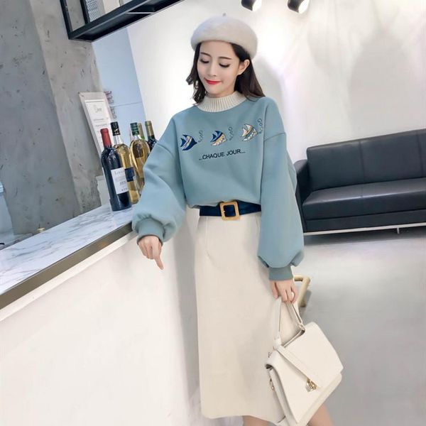 women's two piece pants woman's set casual thick fleece +mid-calf skirt sets embroidery fish pattern s l xl loose plus size, White
women's two piece pants woman's set casual thick fleece +mid-calf skirt sets embroidery fish pattern s l xl loose plus size, White