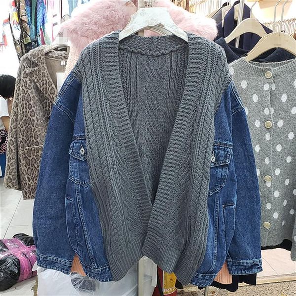 women loose sweater splice denim jacket 2021 spring autumn korean oversized long sleeve knitted cardigan coat jaqueta z887 women's jack, Black;brown
women loose sweater splice denim jacket 2021 spring autumn korean oversized long sleeve knitted cardigan coat jaqueta z887 women's jack, Black;brown
