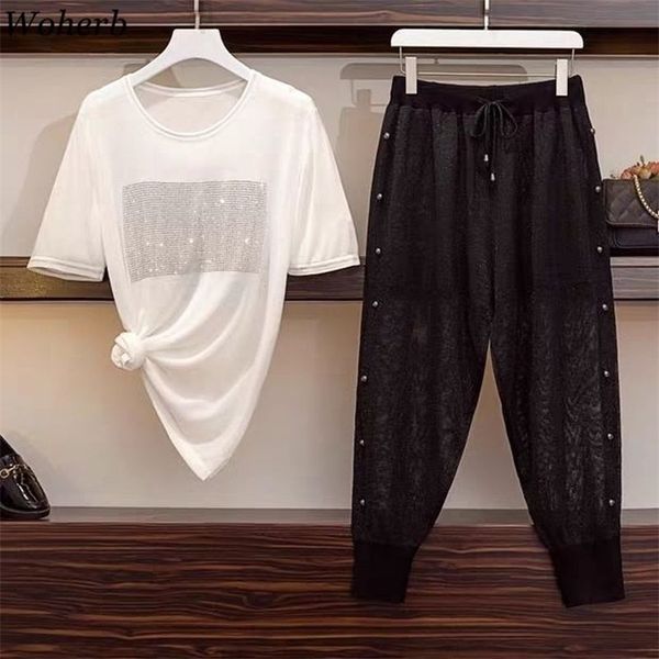 plus size ice knit two pieces set women short sleeve sequined t-shirt + loose hearem sweatpants korean summer outfit 210519, White
plus size ice knit two pieces set women short sleeve sequined t-shirt + loose hearem sweatpants korean summer outfit 210519, White